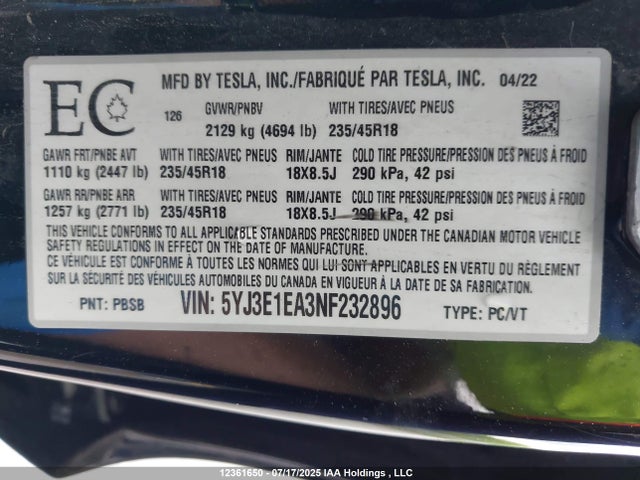 5YJ3E1EA3NF232896 Tesla Model 3 Rwd/standard Range