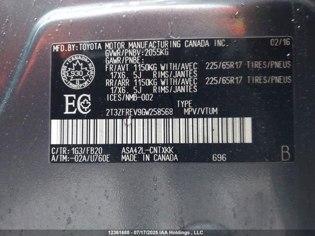 2T3ZFREV9GW258568 Toyota 2ar-fe