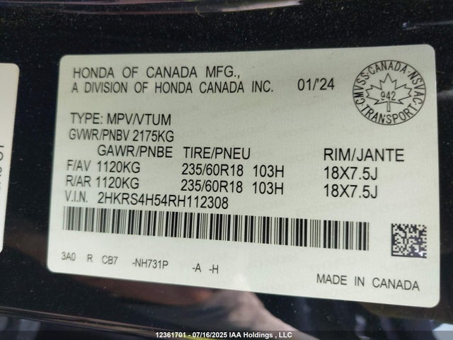 2HKRS4H54RH112308 Honda l15be
