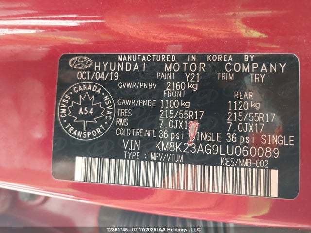 KM8K23AG9LU060089 Hyundai hmc battery + traction motor