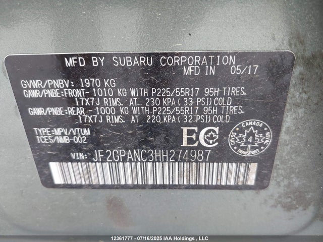 JF2GPANC3HH274987 Subaru naturally aspirated