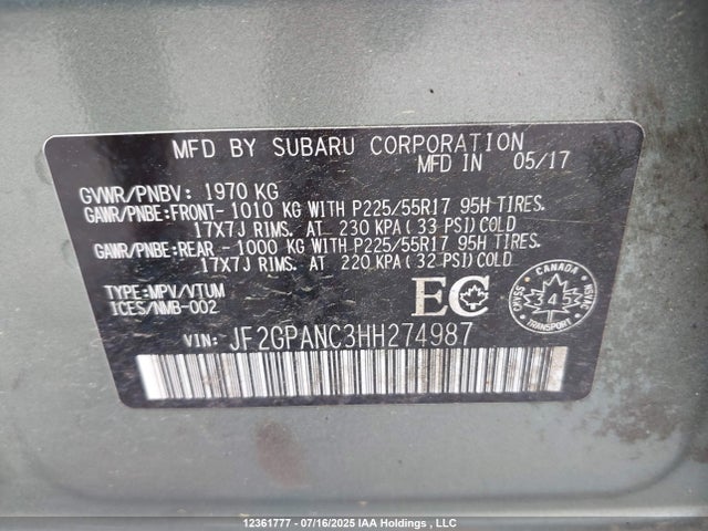 JF2GPANC3HH274987 Subaru naturally aspirated