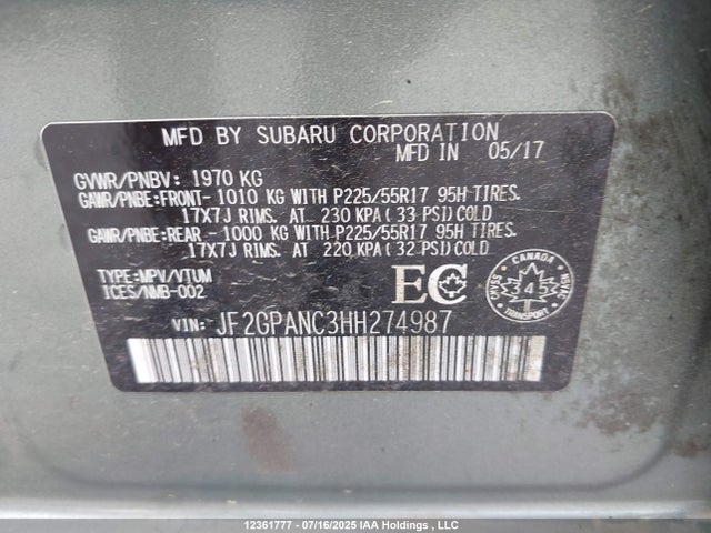 JF2GPANC3HH274987 Subaru naturally aspirated