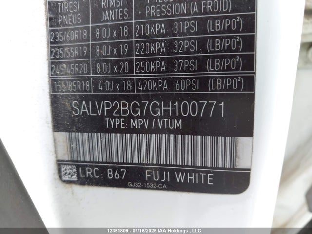 SALVP2BG7GH100771 Land Rover gtdi lev3 sulev30