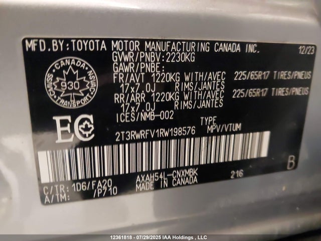 2T3RWRFV1RW198576 Toyota a25a-fxs