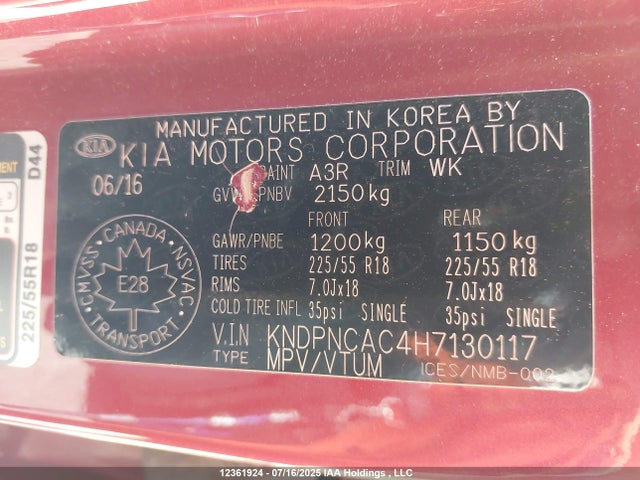 KNDPNCAC4H7130117 KIA gdi theta ii