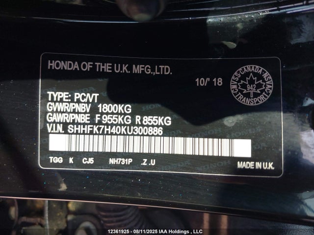 SHHFK7H40KU300886 Honda l15ba