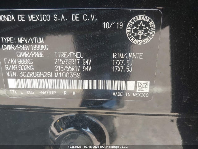 3CZRU6H26LM100359 Honda r18z9