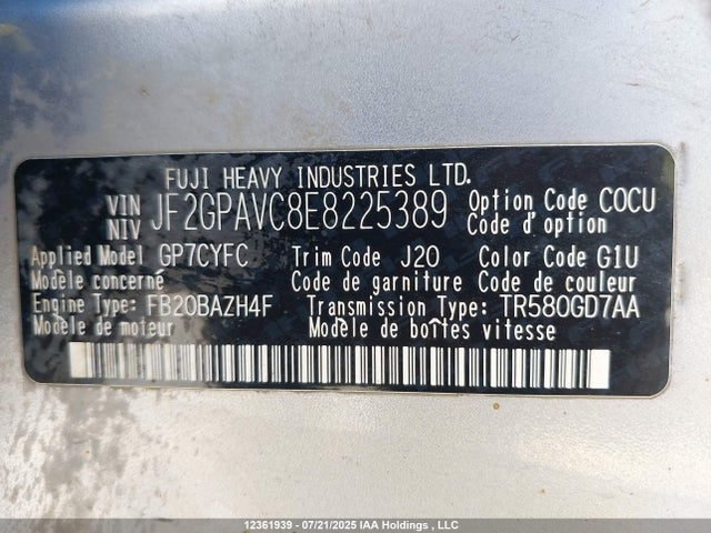 JF2GPAVC8E8225389 Subaru 2.0l na