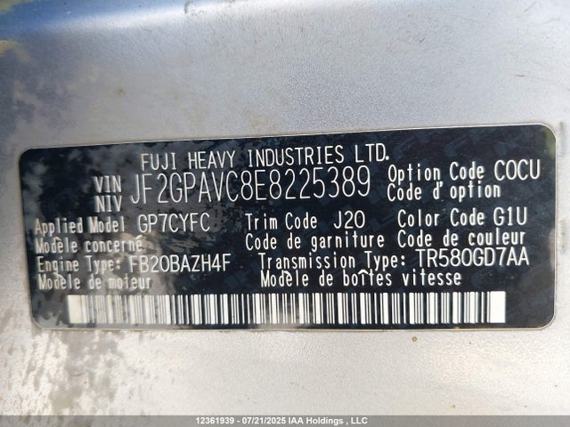 JF2GPAVC8E8225389 Subaru 2.0l na