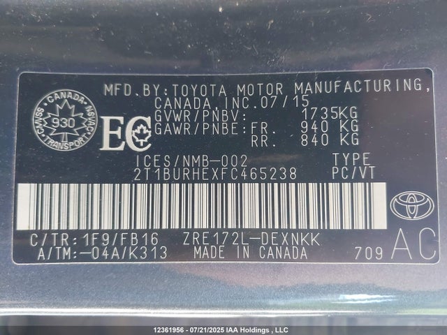 Toyota 2zr-fe 2015 2T1BURHEXFC465238 Image 9