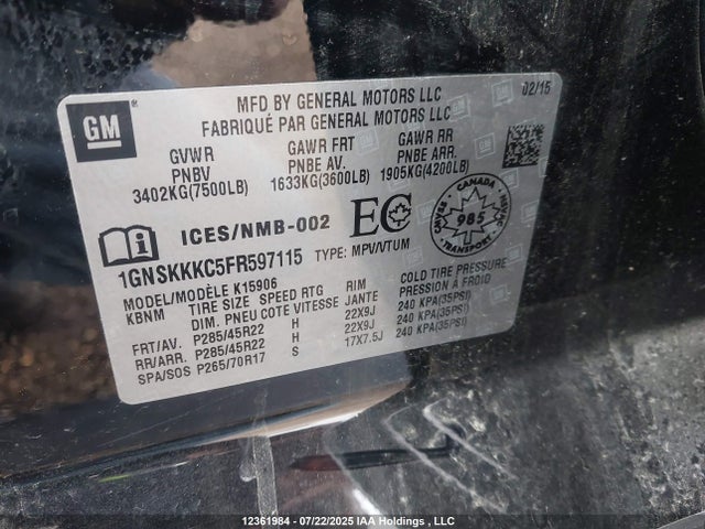 1GNSKKKC5FR597115 Chevrolet l83 - vvt, active fuel management, aluminum