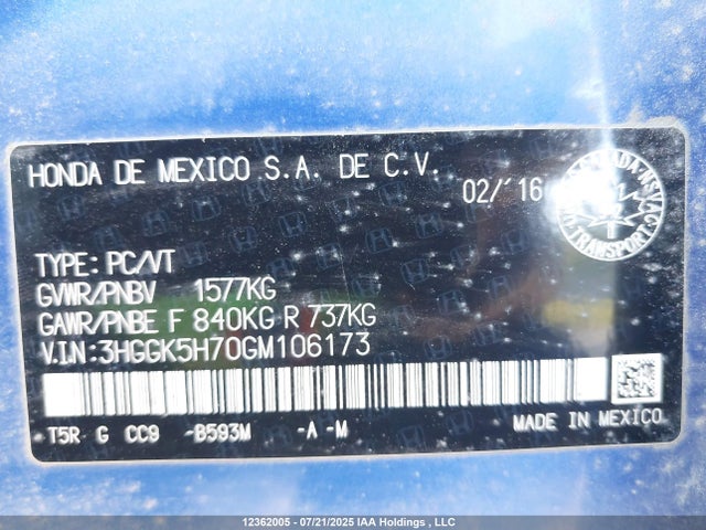 3HGGK5H70GM106173 Honda l15b1