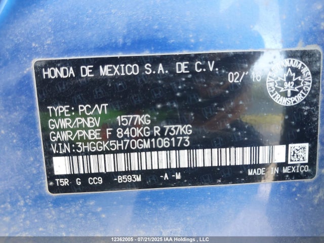 3HGGK5H70GM106173 Honda l15b1