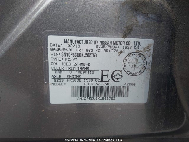 3N1CP5CU0KL502763 Nissan Kicks