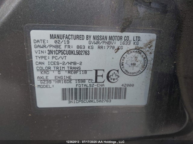 3N1CP5CU0KL502763 Nissan Kicks