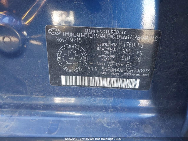 Hyundai dohc mpi nu 2016 5NPDH4AE1GH790935 Image 9