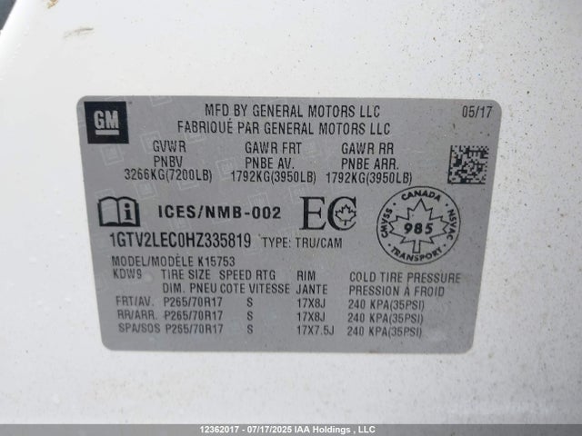 1GTV2LEC0HZ335819 GMC l83 -spark ignited direct injection, variable valve timing, afm, e85 max, alum