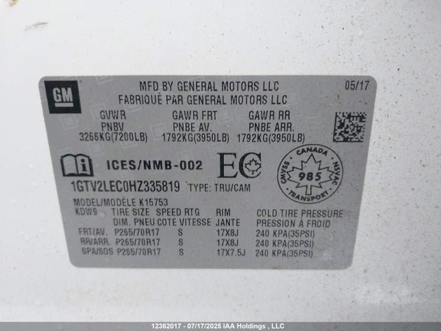1GTV2LEC0HZ335819 GMC l83 -spark ignited direct injection, variable valve timing, afm, e85 max, alum