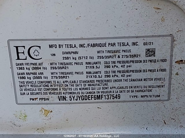5YJYGDEF6MF137549 Tesla 2021