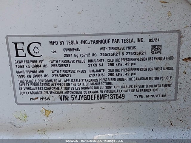 5YJYGDEF6MF137549 Tesla 2021