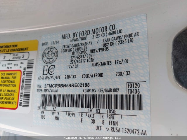 3FMCR9BN5SRE02188 Ford dragon
