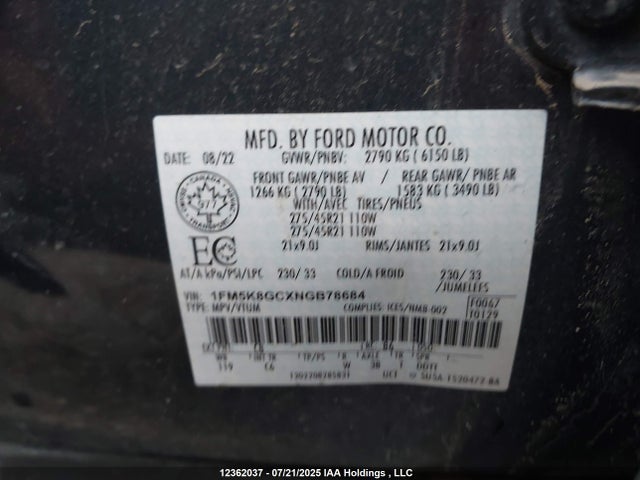 1FM5K8GCXNGB78684 Ford gtdi