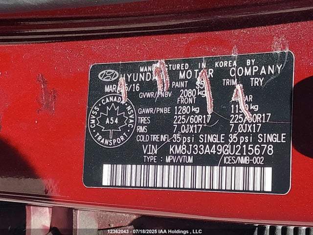 KM8J33A49GU215678 Hyundai 2016