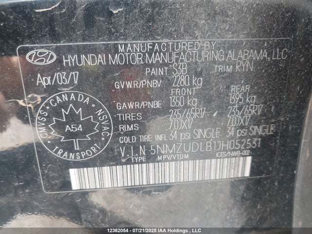 5NMZUDLB1JH052531 Hyundai gdi theta ii