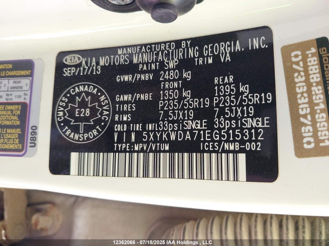 5XYKWDA71EG515312 KIA gasoline 3.3 v6 gdi lambda ii