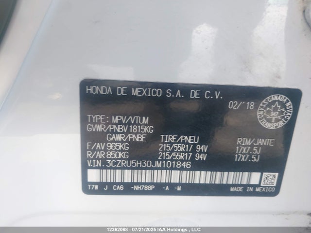 3CZRU5H30JM101846 Honda r18z9