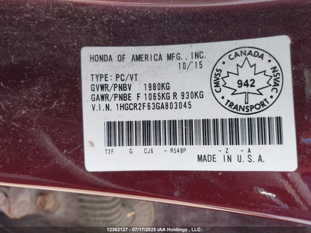 1HGCR2F63GA803045 Honda k24w1