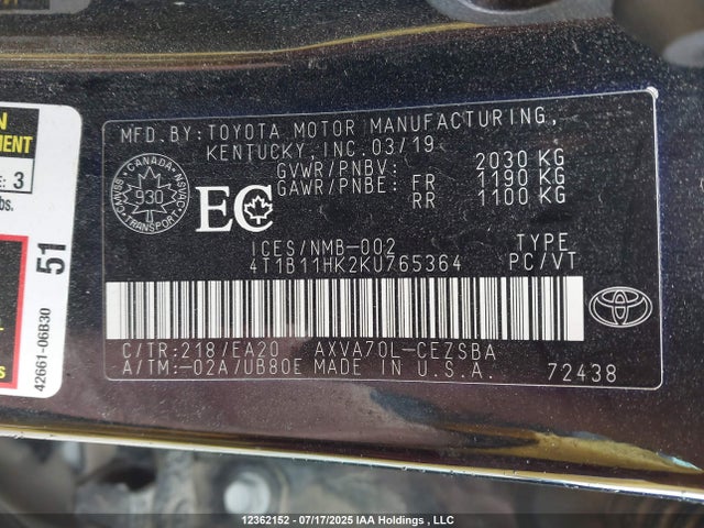 4T1B11HK2KU765364 Toyota a25a-fks