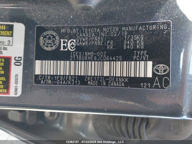 2T1BURHE8JC064425 Toyota 2zr-fe