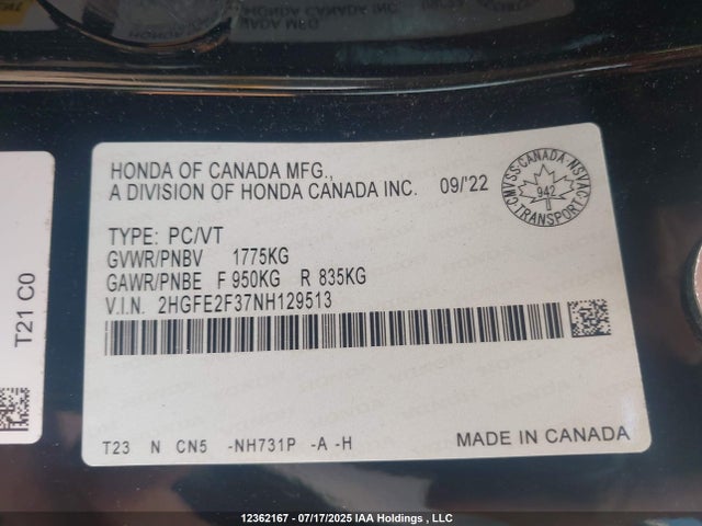Honda 2022 2022 2HGFE2F37NH129513 Image 9