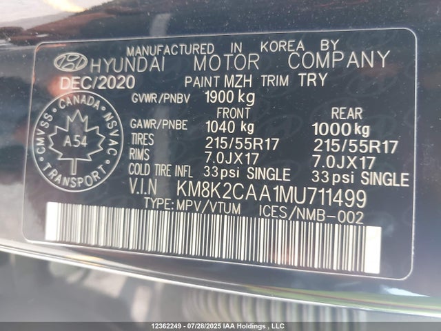 KM8K2CAA1MU711499 Hyundai mpi nu