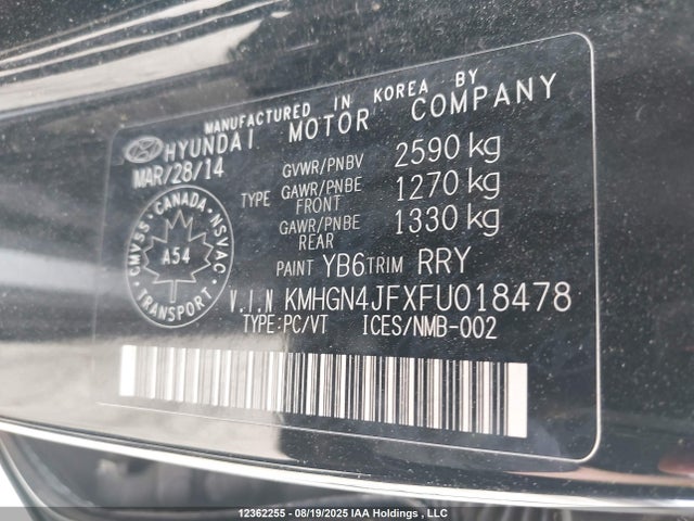 KMHGN4JFXFU018478 Hyundai 2015