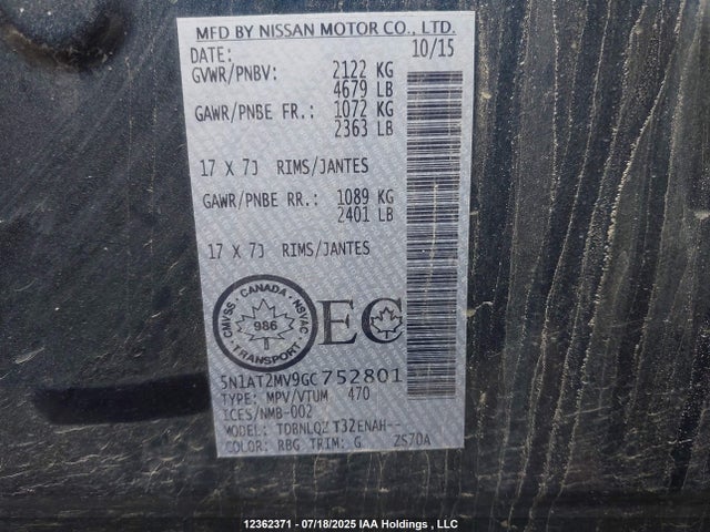 5N1AT2MV9GC752801 Nissan 2016