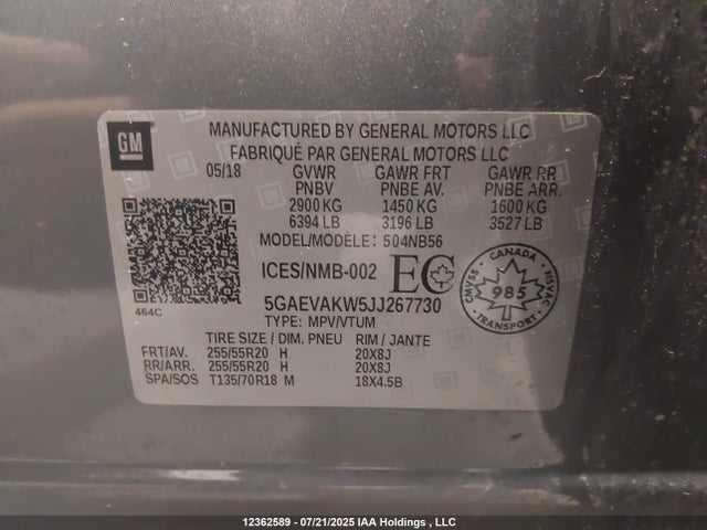 5GAEVAKW5JJ267730 Buick lfy - spark ignited direct injection, atss, gen1