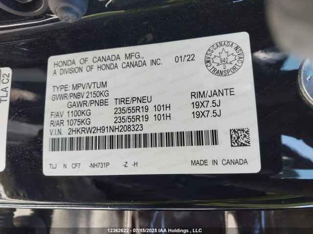 2HKRW2H91NH208323 Honda l15be