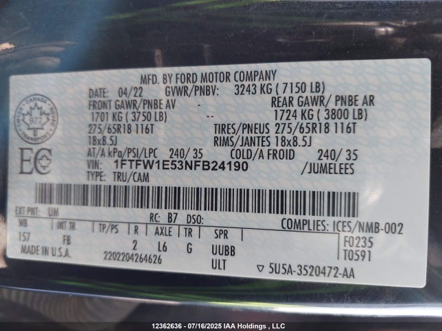 1FTFW1E53NFB24190 Ford 5.0l-4v