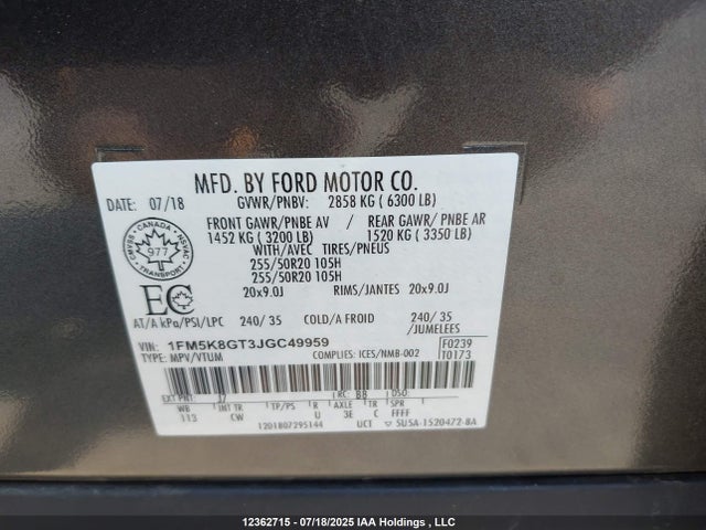 1FM5K8GT3JGC49959 Ford 3.5l gtdi