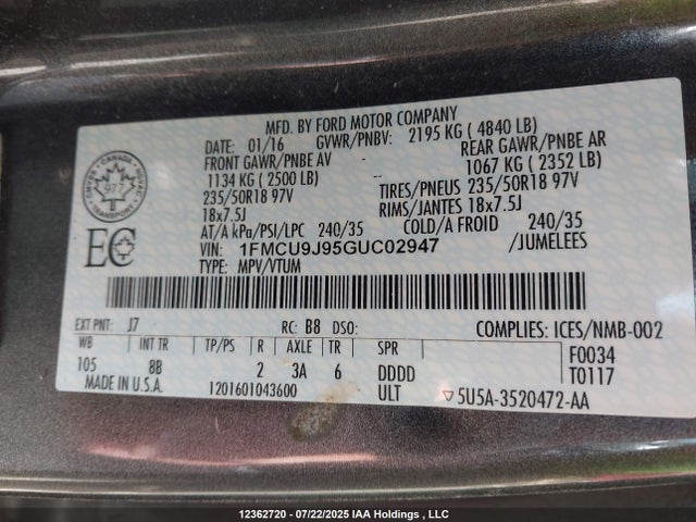 1FMCU9J95GUC02947 Ford Escape