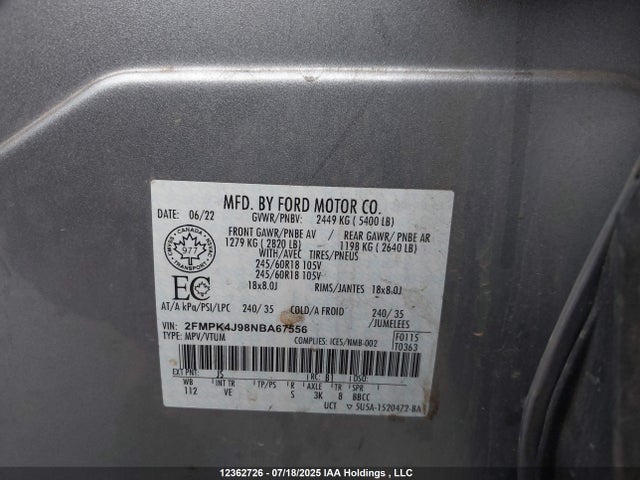 2022 Ford Edge Sel მანქანა იყიდება აუქციონზე, vin: 2FMPK4J98NBA67556, აუქციონის ნომერი: 12362726