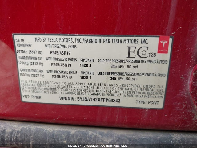 Tesla 3 phase a/c induction (dual motor) 2015 5YJSA1H2XFFP69343 Image 18