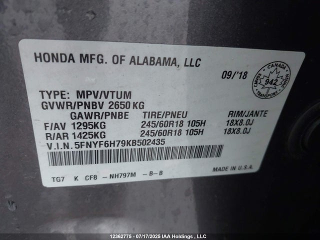 5FNYF6H79KB502435 Honda j35y6