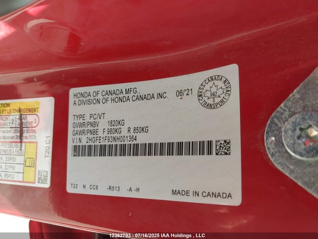 2HGFE1F93NH001364 Honda l15b7