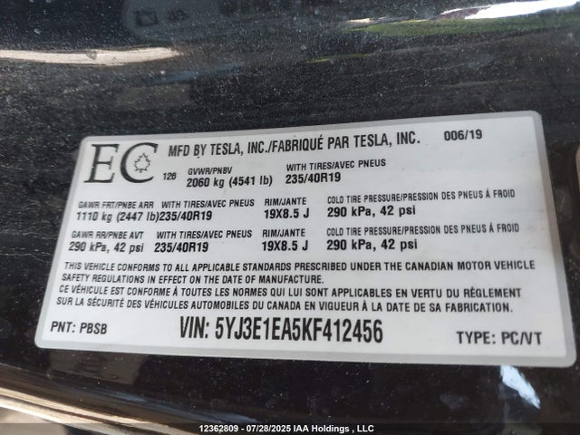 5YJ3E1EA5KF412456 Tesla MODEL 3