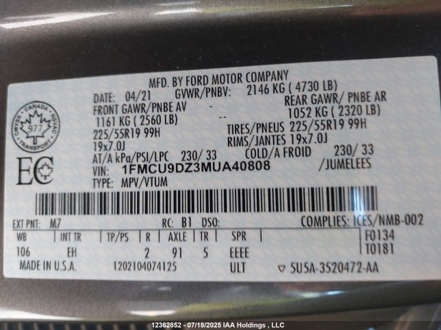 1FMCU9DZ3MUA40808 Ford hev/phev