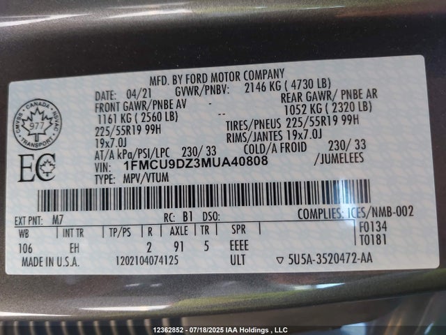 1FMCU9DZ3MUA40808 Ford hev/phev